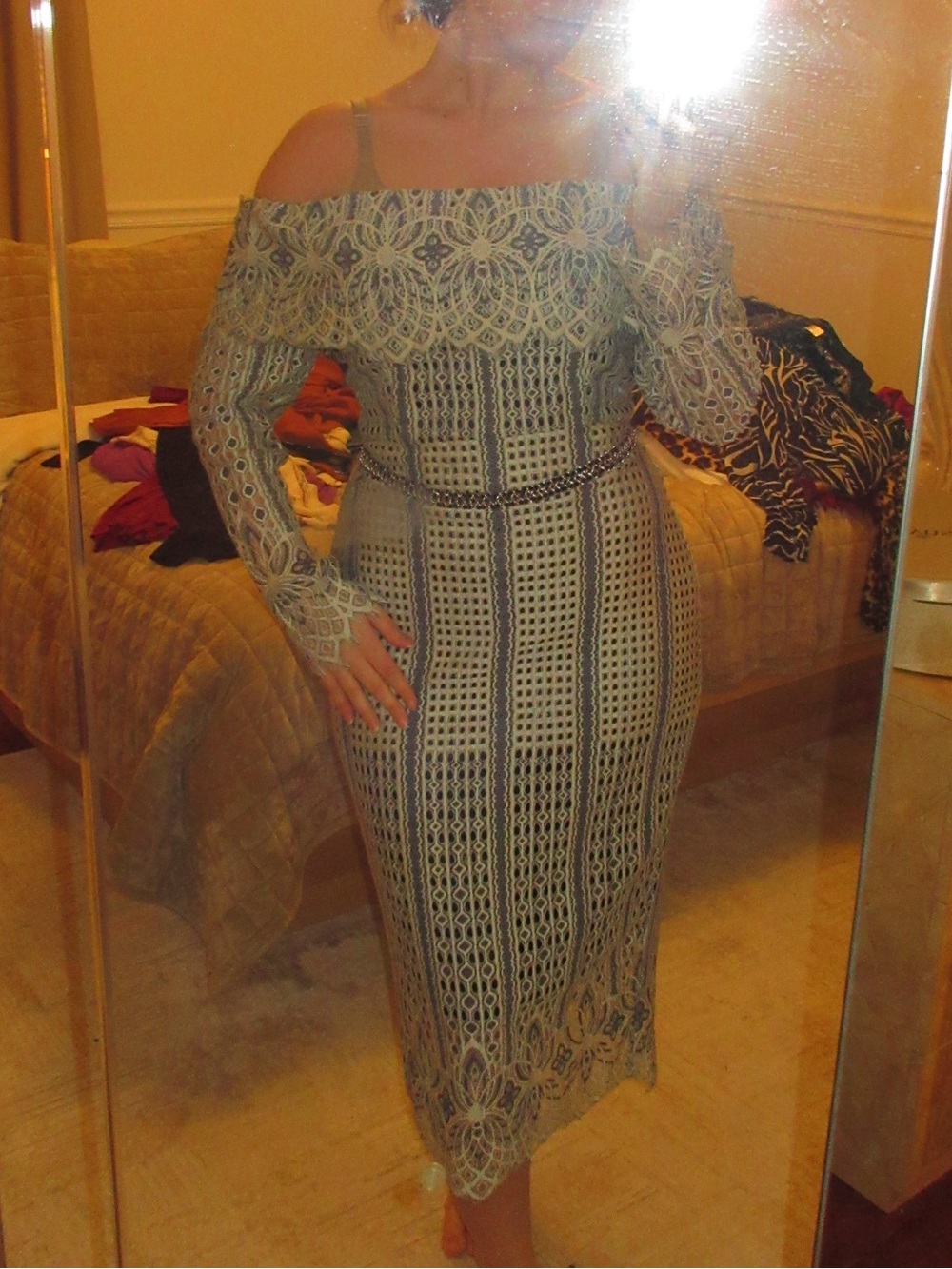 Venus Off Shoulder White and Silver Lace Midi Dress